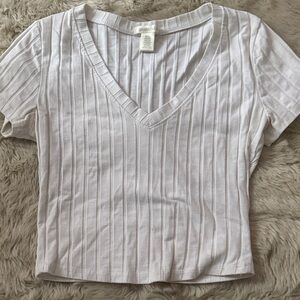 Bozzolo White Ribbed V-Neck Crop Top